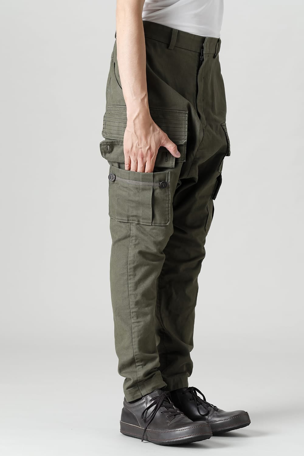 Cargo drop crotch pants Cavalry twill Garment wash Olive