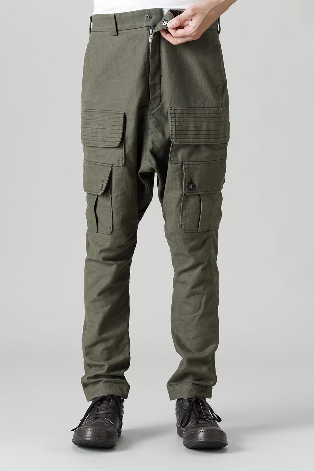 Cargo drop crotch pants Cavalry twill Garment wash Olive