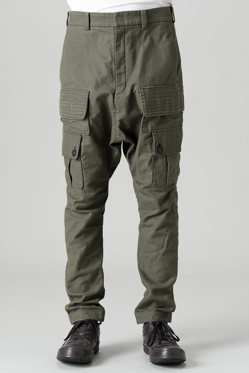 Cargo drop crotch pants Cavalry twill Garment wash Olive