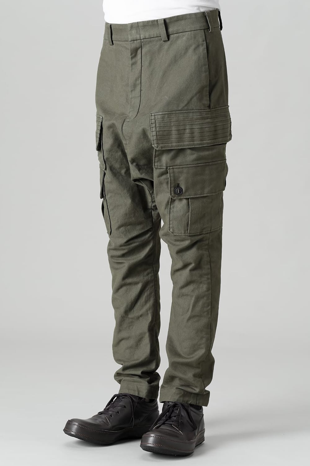 Cargo drop crotch pants Cavalry twill Garment wash Olive