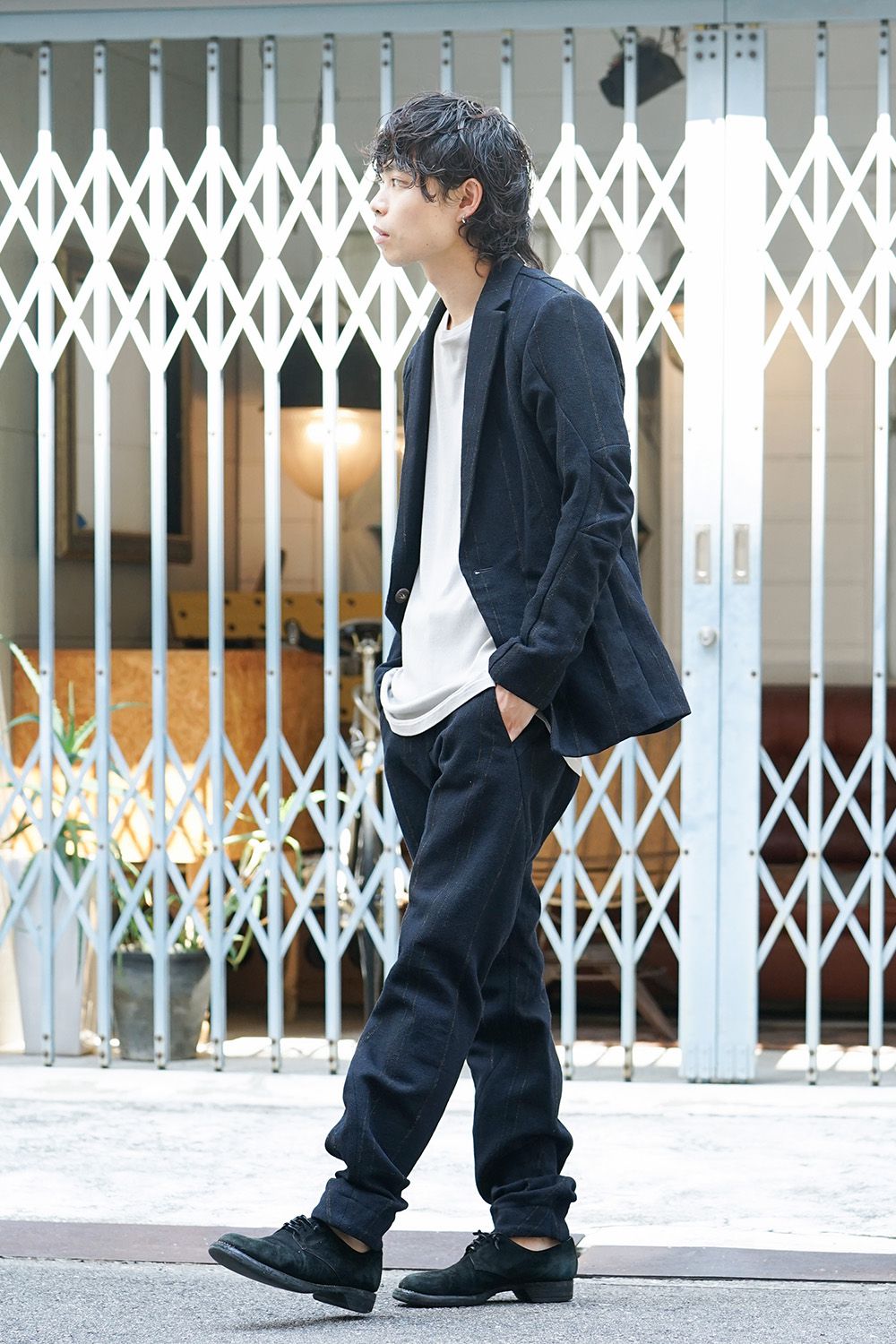 Shetland Wool Linen Stripe Batting Anatomical Pants Dark Navy