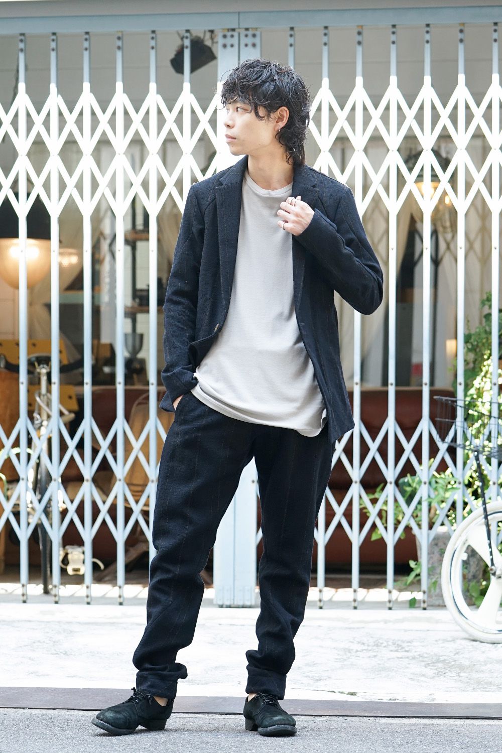 Shetland Wool Linen Stripe Batting Anatomical Pants Dark Navy