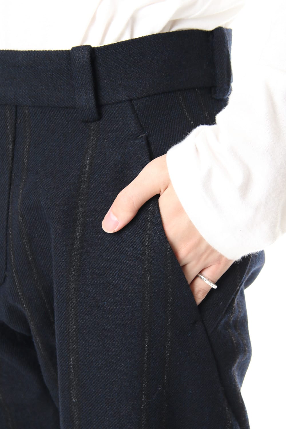 Shetland Wool Linen Stripe Batting Anatomical Pants Dark Navy