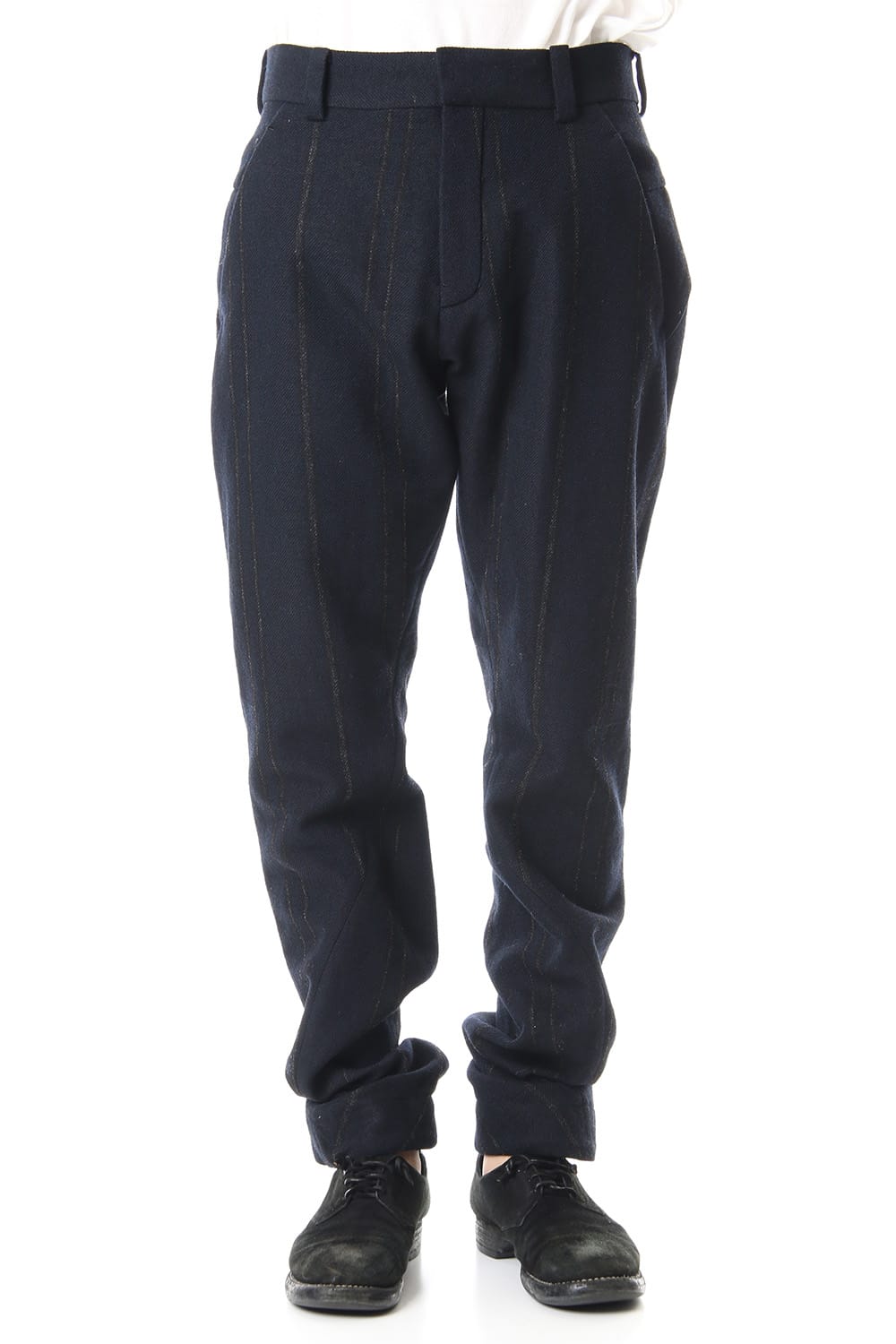 Shetland Wool Linen Stripe Batting Anatomical Pants Dark Navy