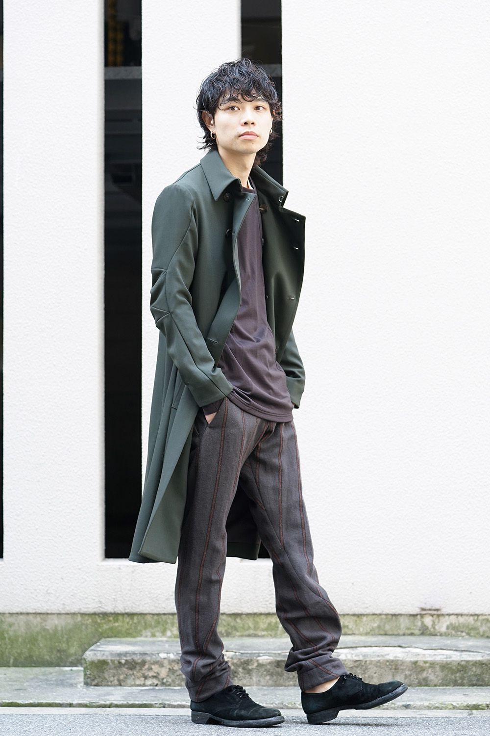 Shetland Wool Linen Stripe Batting Anatomical Pants Gray