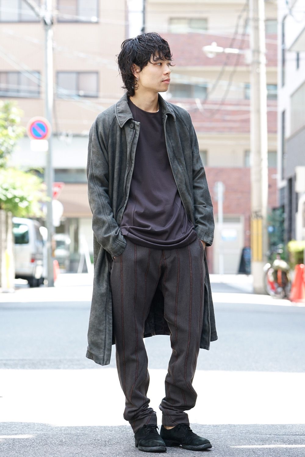 Shetland Wool Linen Stripe Batting Anatomical Pants Gray