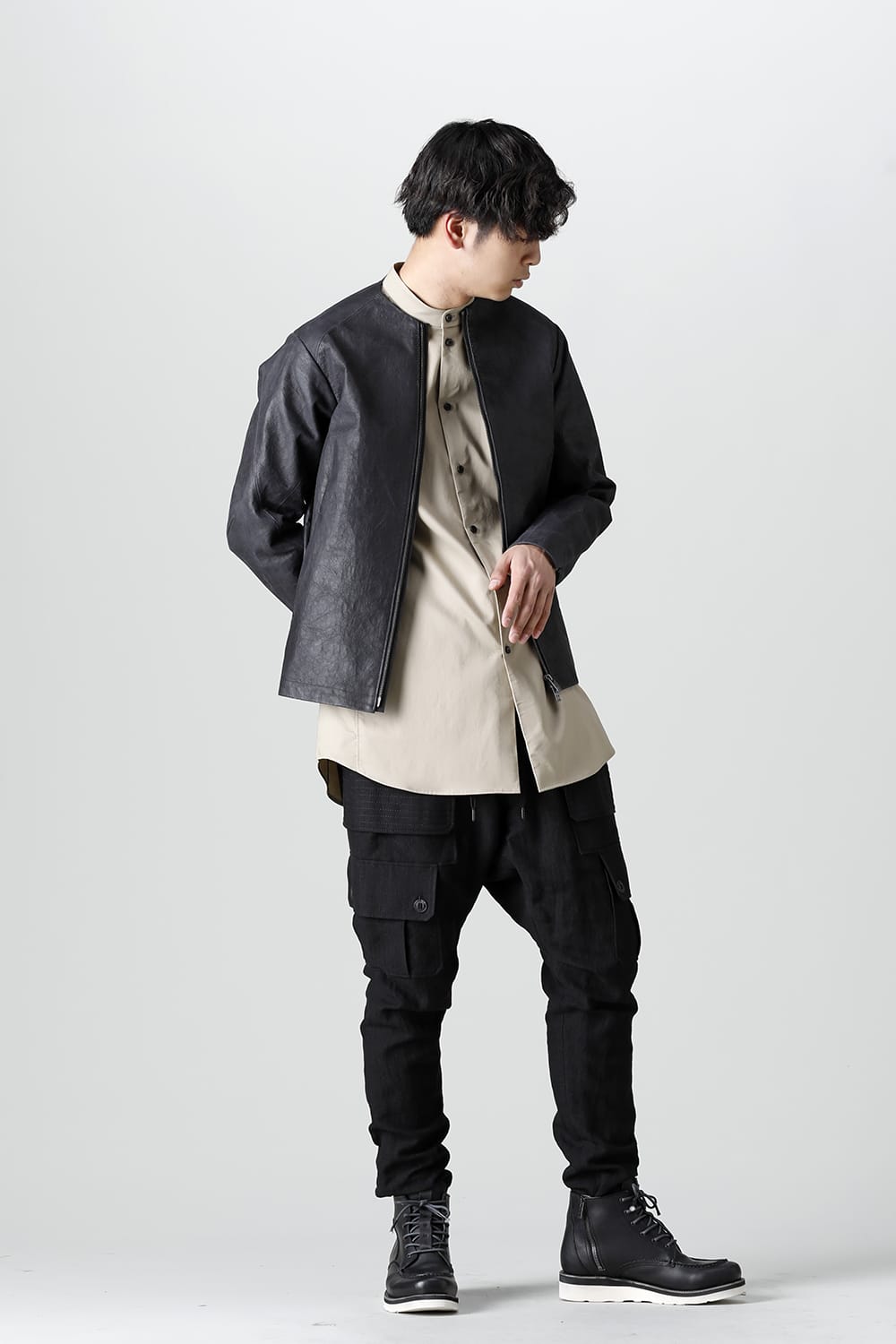 Cargo drop crotch pants cotton ramie shrink