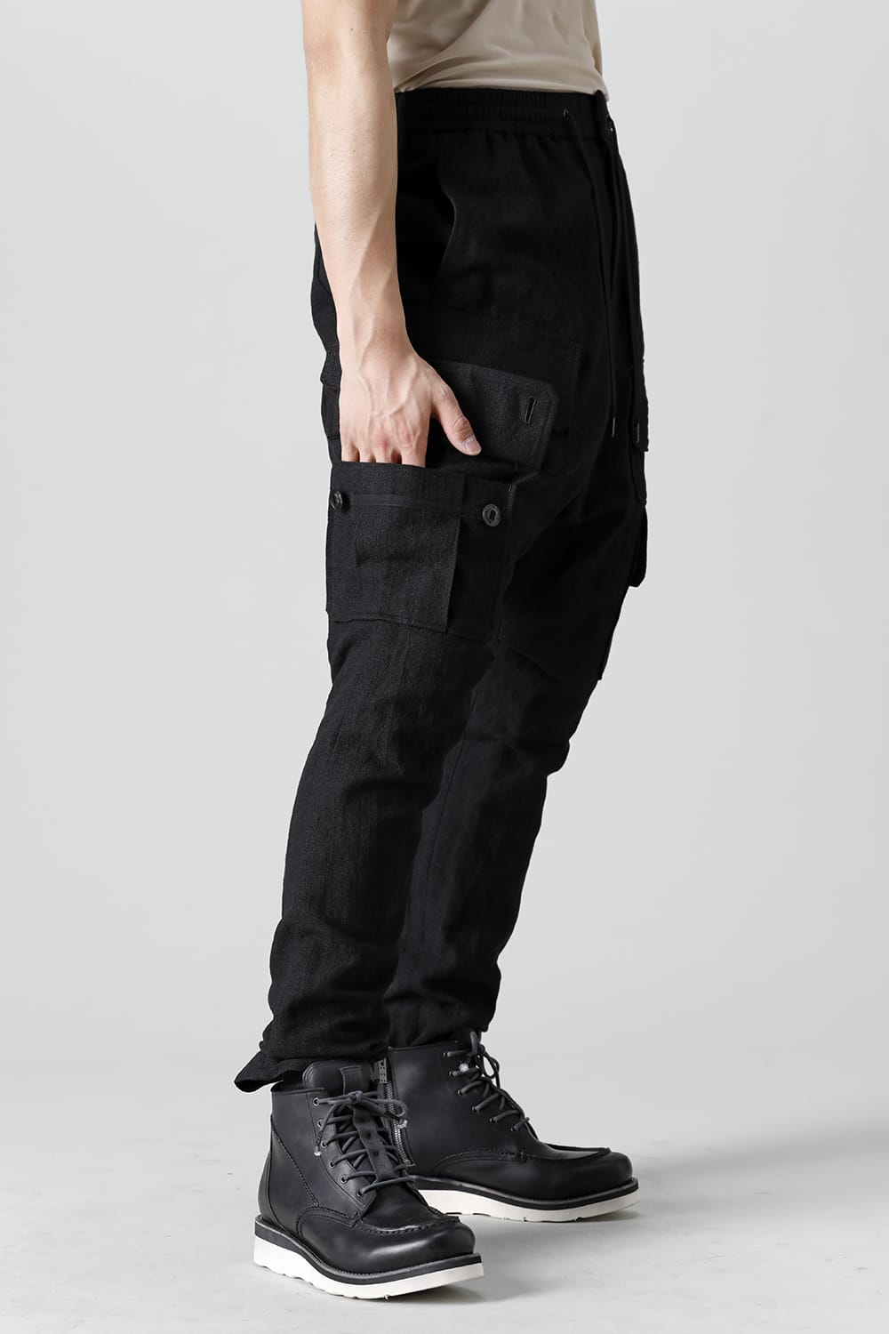 Cargo drop crotch pants cotton ramie shrink