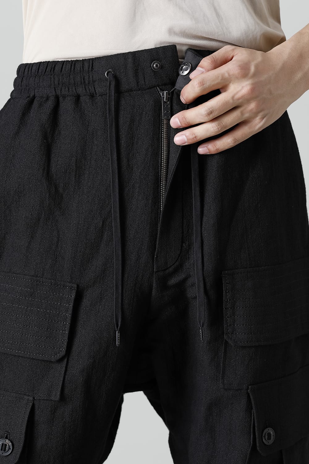 Cargo drop crotch pants cotton ramie shrink