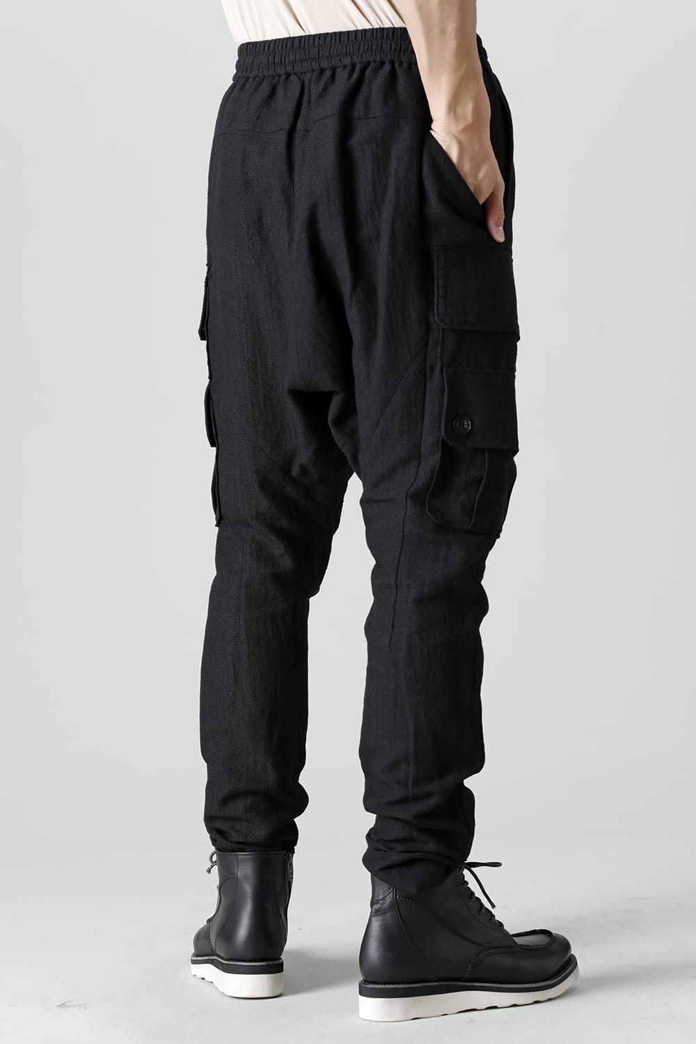 Cargo drop crotch pants cotton ramie shrink