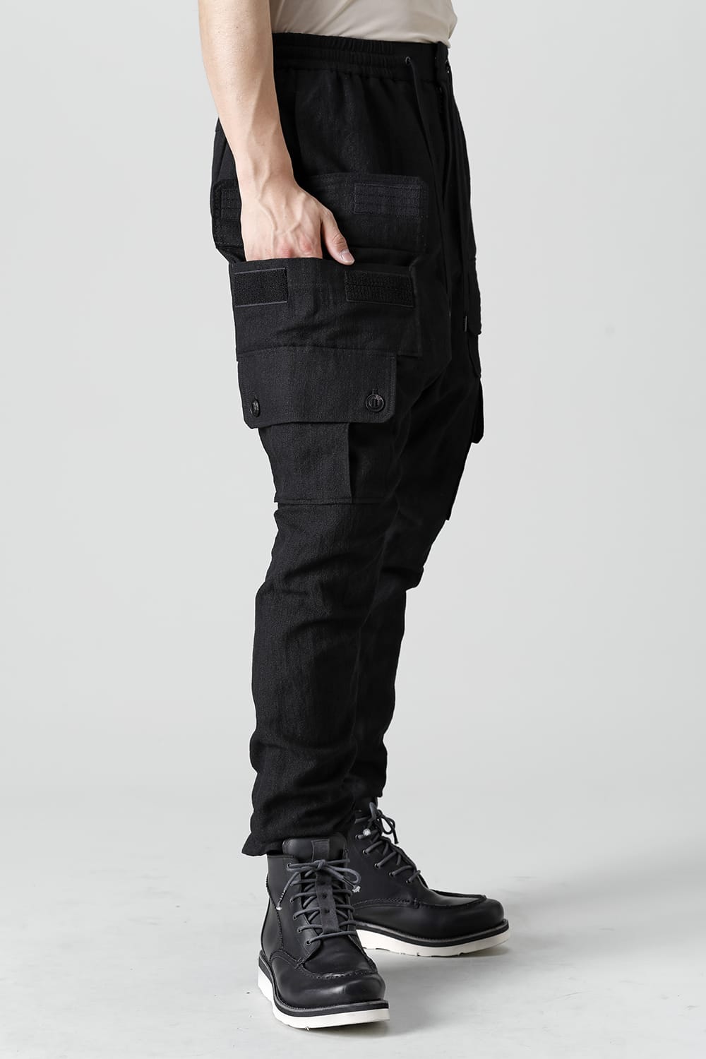 Cargo drop crotch pants cotton ramie shrink