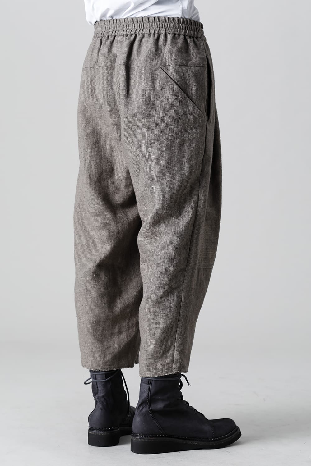 Baggy cropped pants silk linen crazy check  Beige Gray