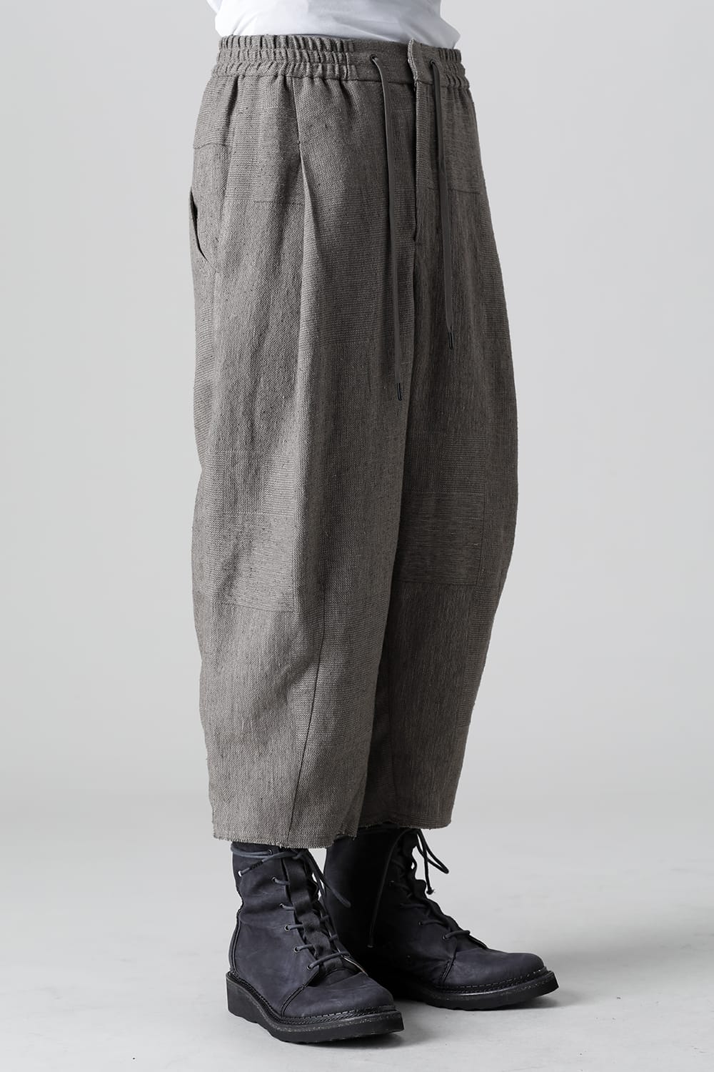 Baggy cropped pants silk linen crazy check  Beige Gray