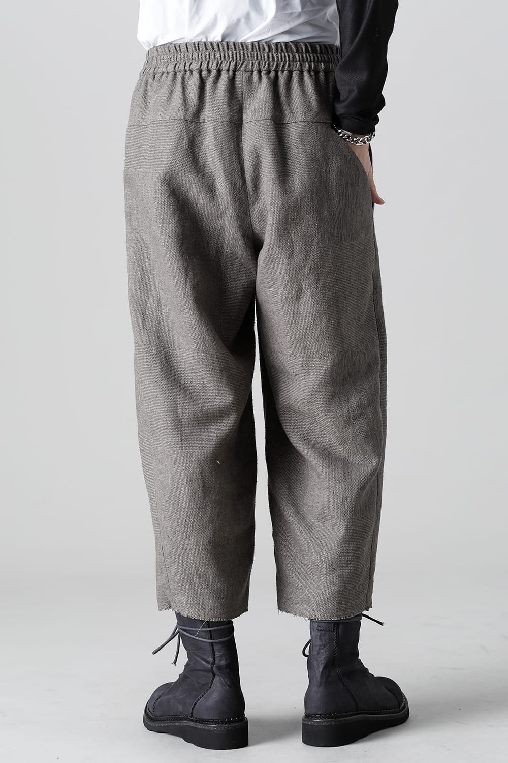 Baggy cropped pants silk linen crazy check  Beige Gray