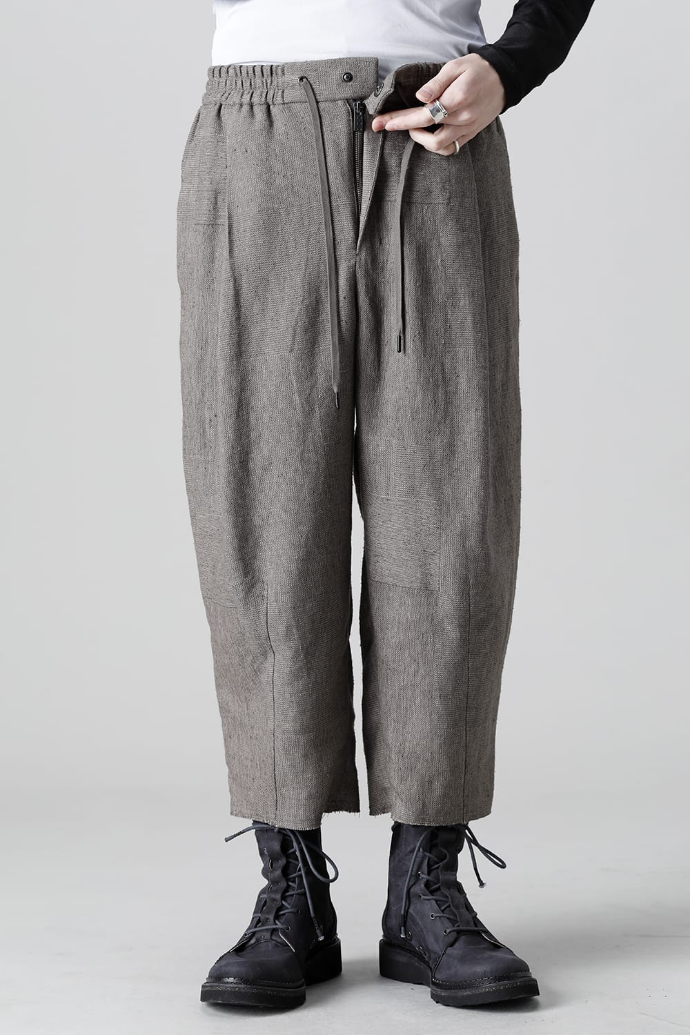 Baggy cropped pants silk linen crazy check  Beige Gray