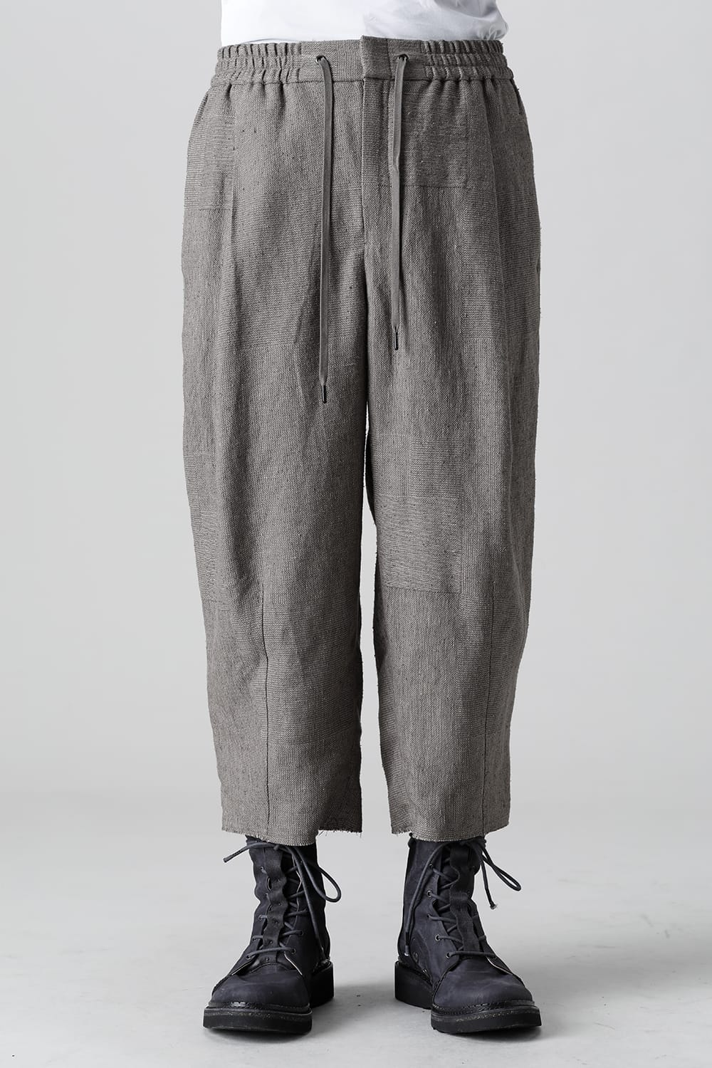 Baggy cropped pants silk linen crazy check  Beige Gray