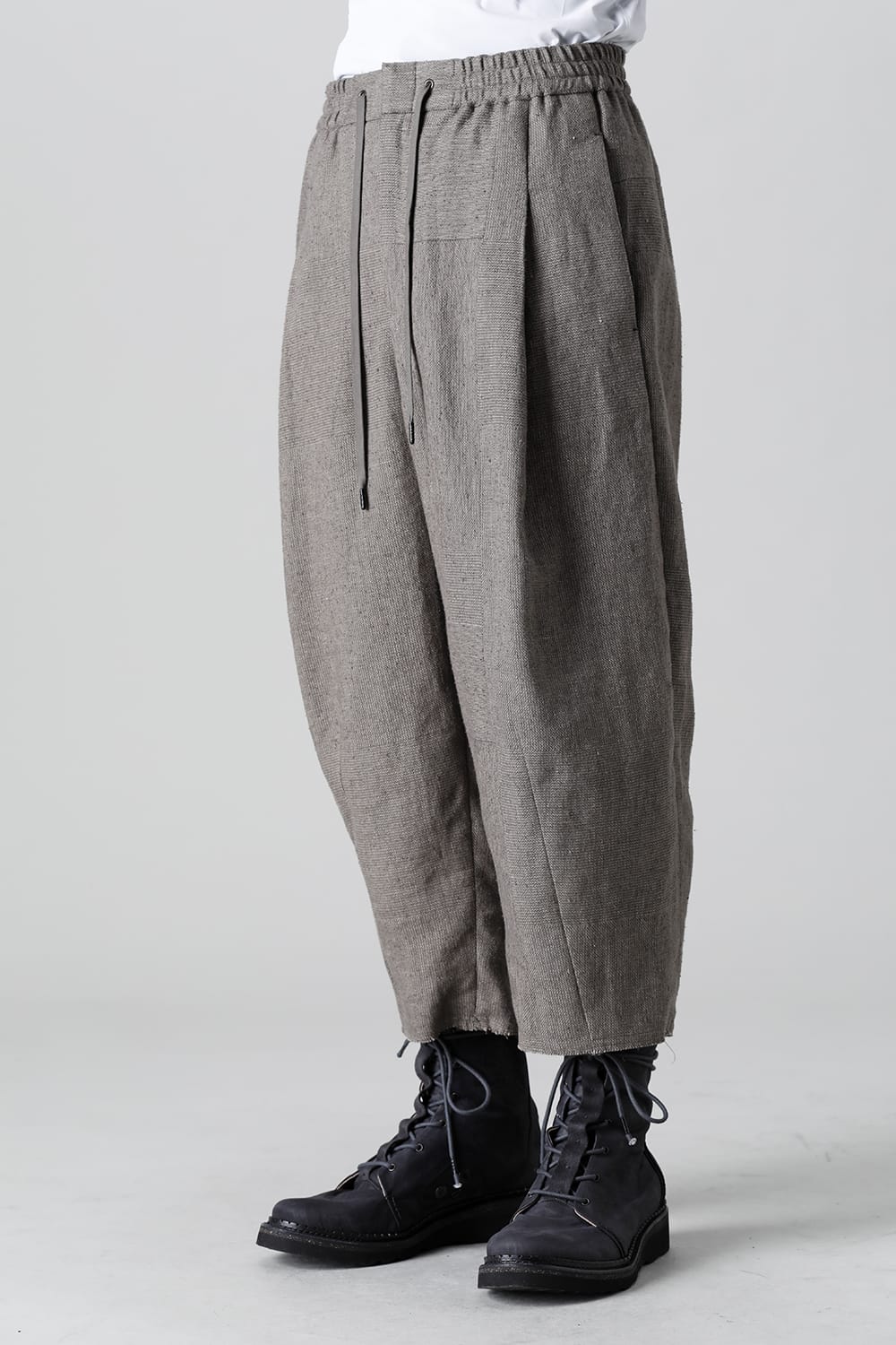 Baggy cropped pants silk linen crazy check  Beige Gray