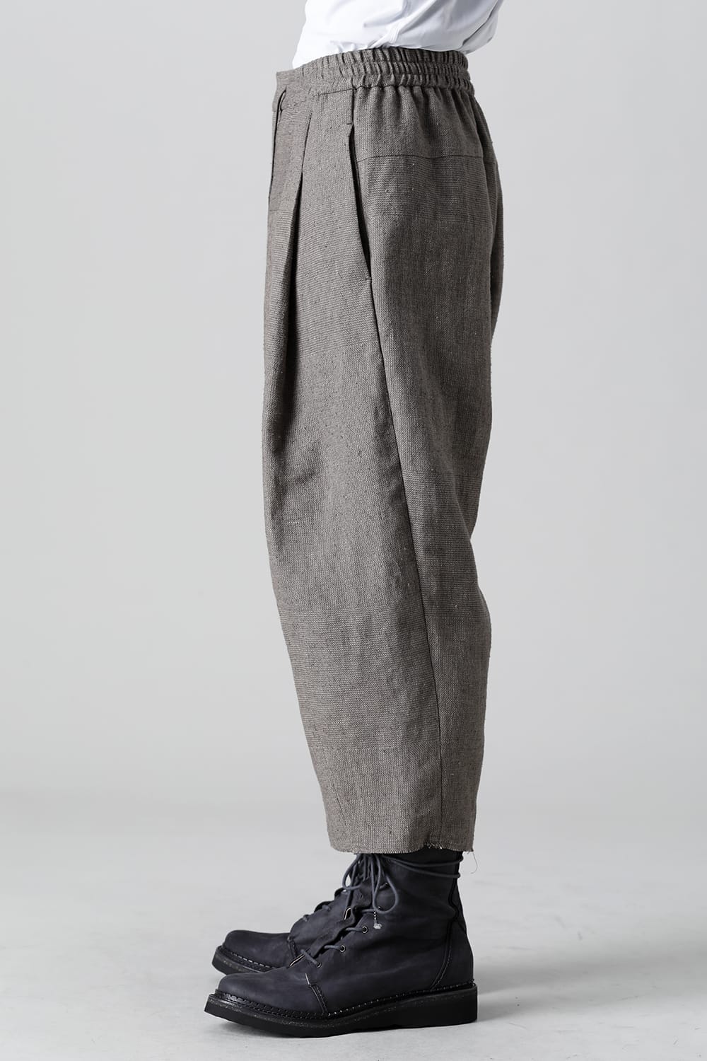 Baggy cropped pants silk linen crazy check  Beige Gray