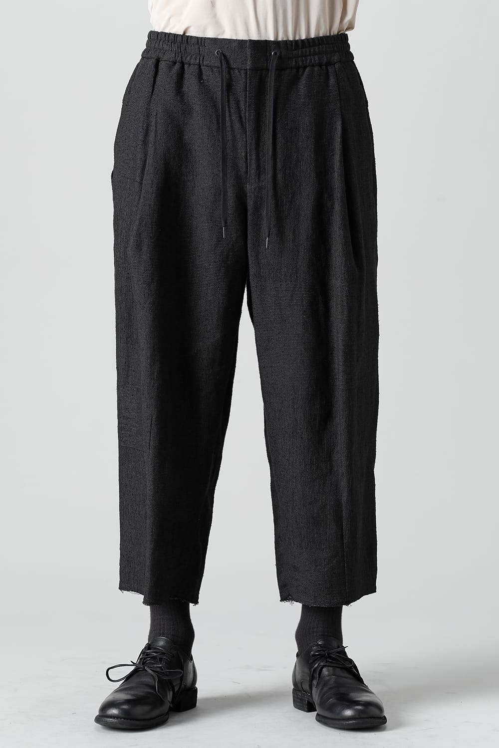 Baggy cropped pants silk linen crazy check  Black