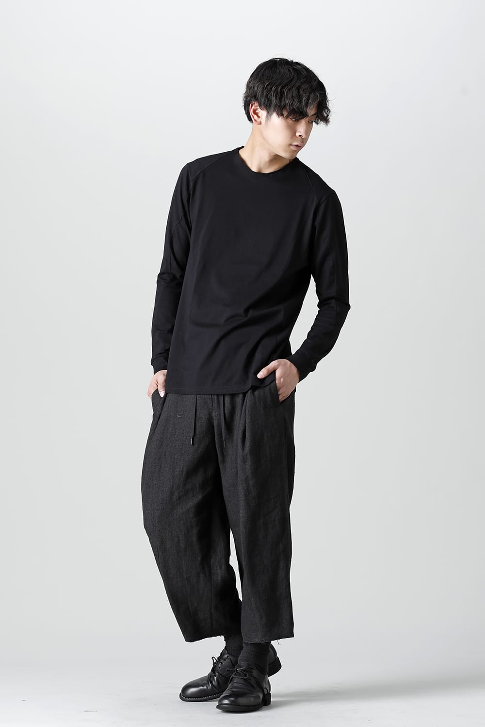 Baggy cropped pants silk linen crazy check  Black