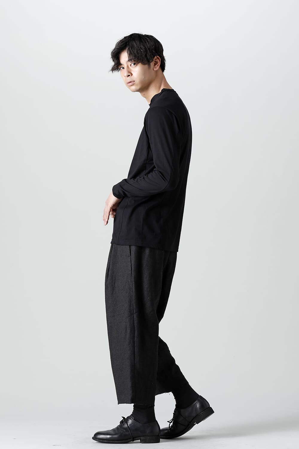 Baggy cropped pants silk linen crazy check  Black