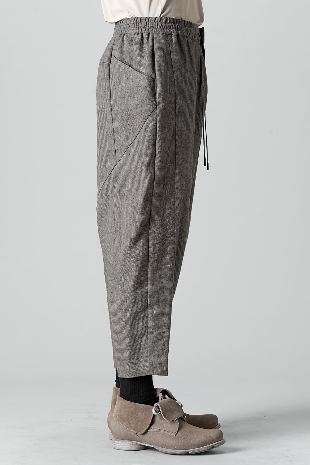 Dropcroch cropped pants silk linen crazy check  Beige Gray