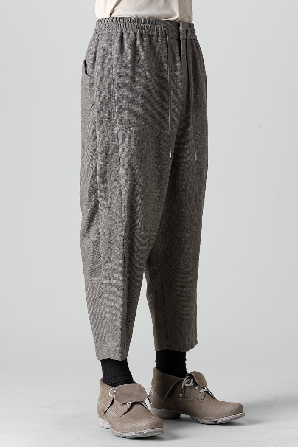 Dropcroch cropped pants silk linen crazy check  Beige Gray