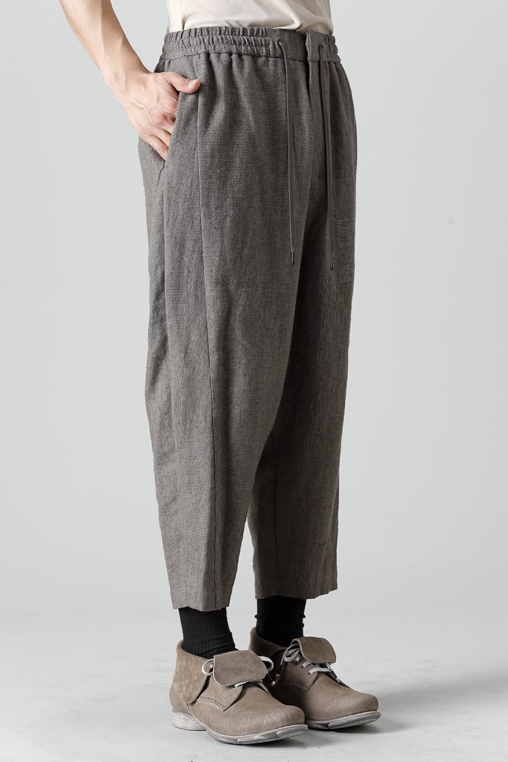 Dropcroch cropped pants silk linen crazy check  Beige Gray