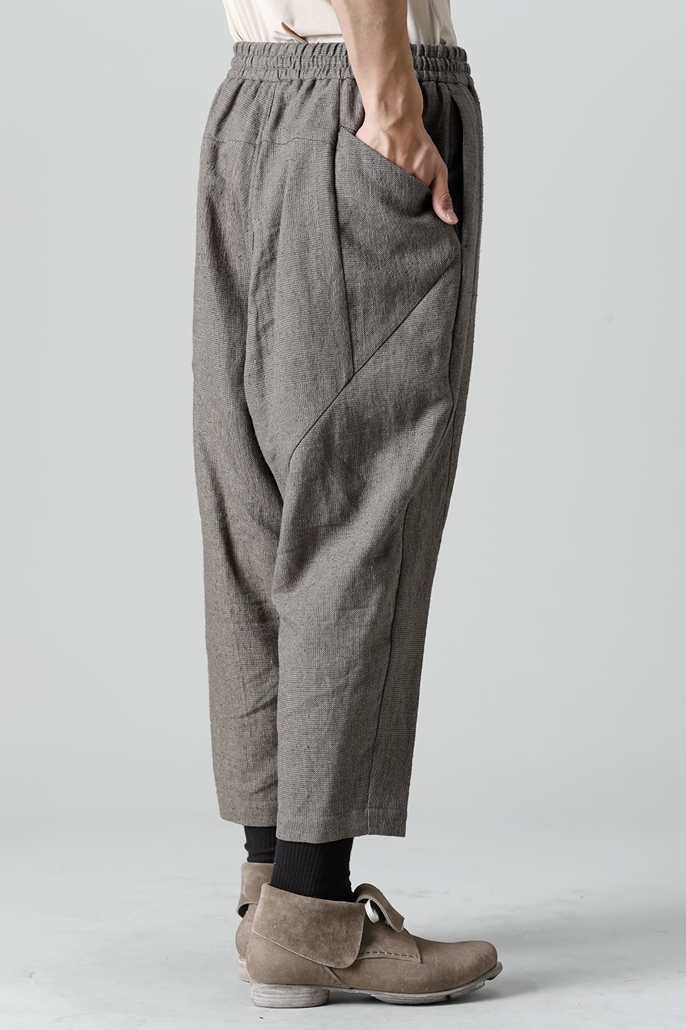 Dropcroch cropped pants silk linen crazy check  Beige Gray