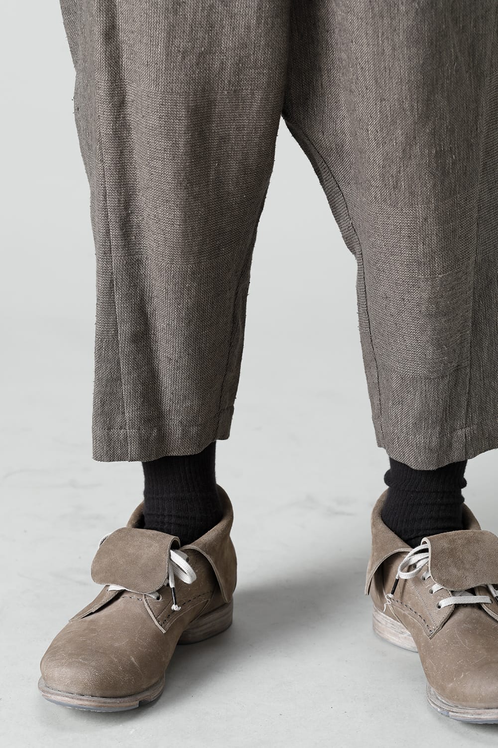 Dropcroch cropped pants silk linen crazy check  Beige Gray