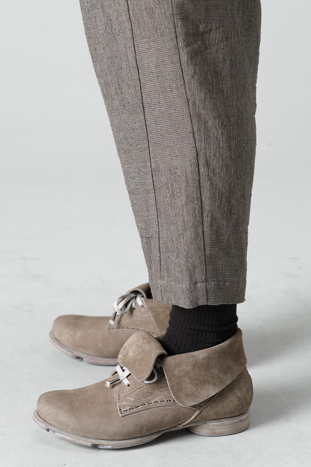 Dropcroch cropped pants silk linen crazy check  Beige Gray