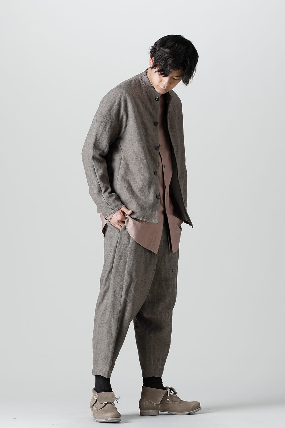 Dropcroch cropped pants silk linen crazy check  Beige Gray