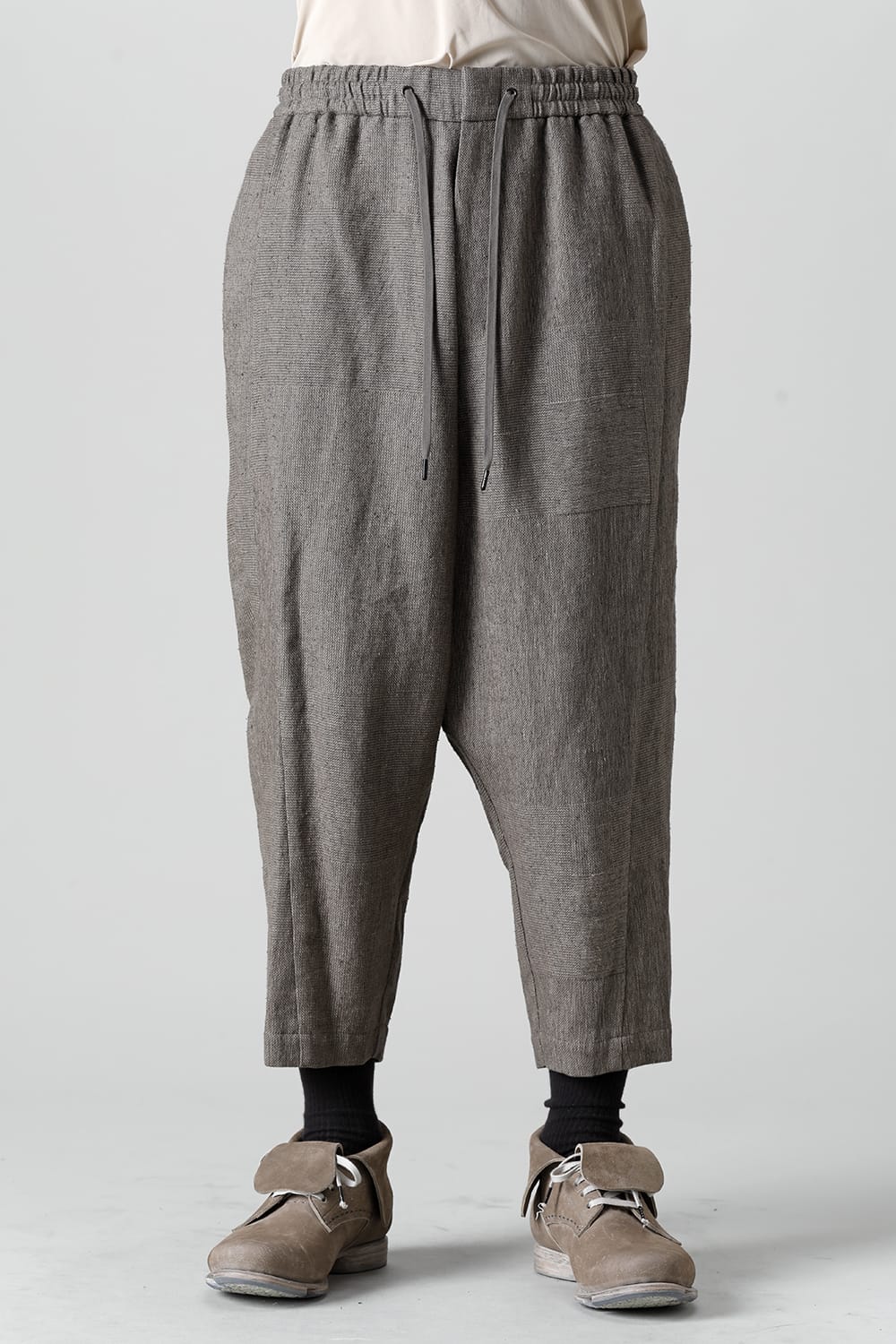 Dropcroch cropped pants silk linen crazy check  Beige Gray
