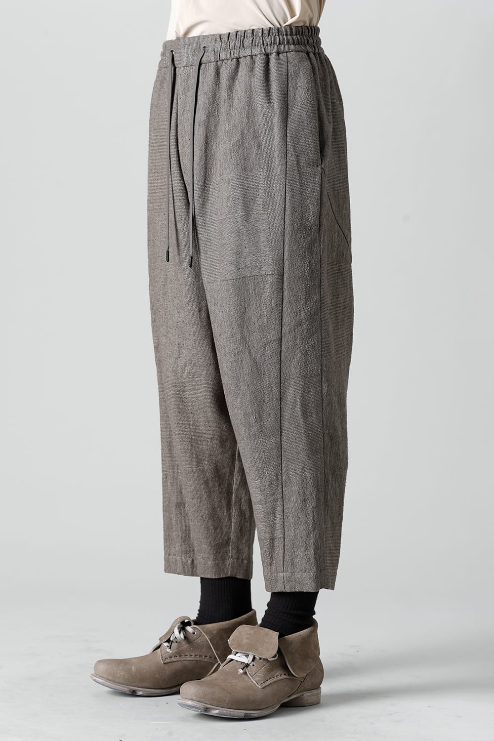 Dropcroch cropped pants silk linen crazy check  Beige Gray