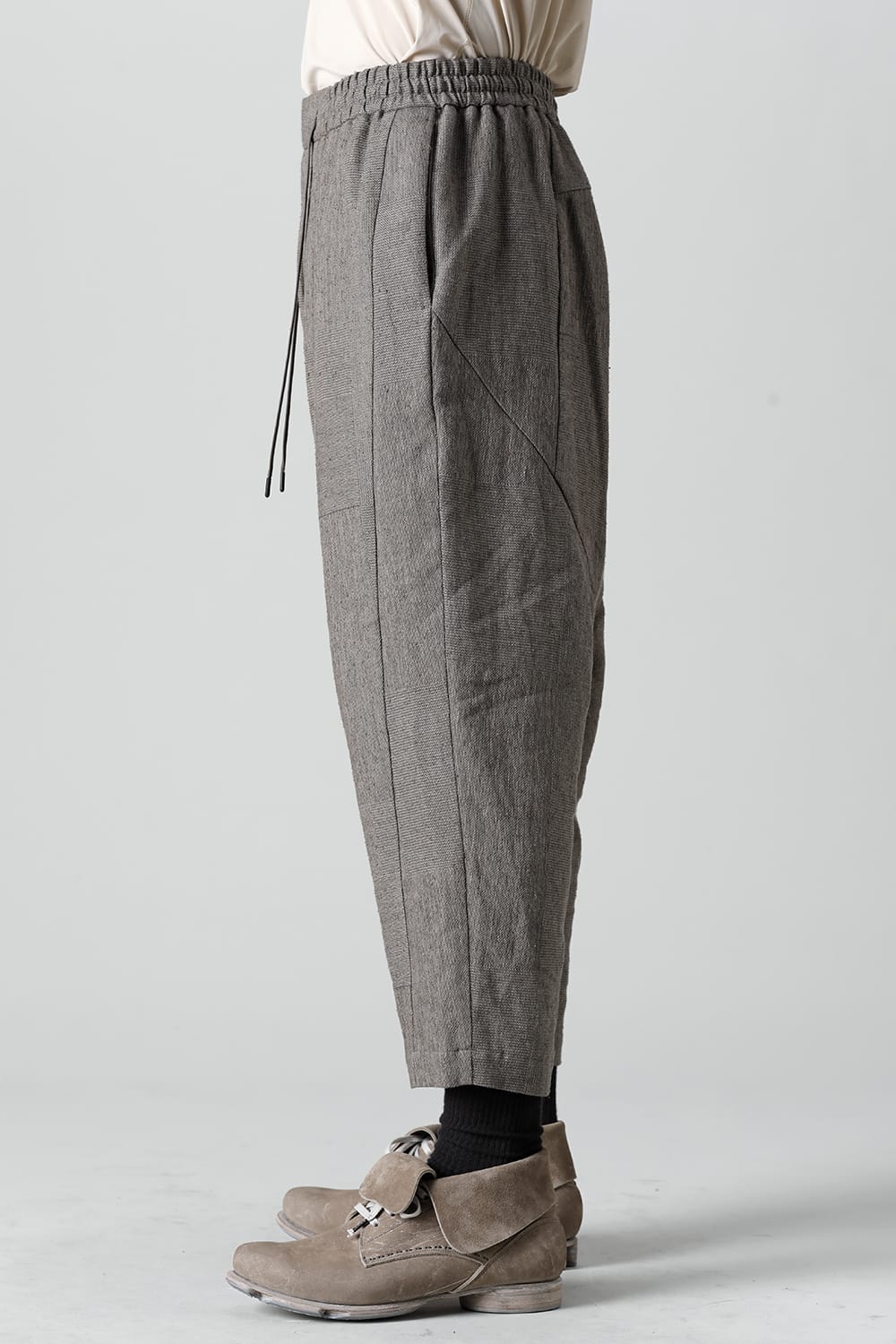 Dropcroch cropped pants silk linen crazy check  Beige Gray