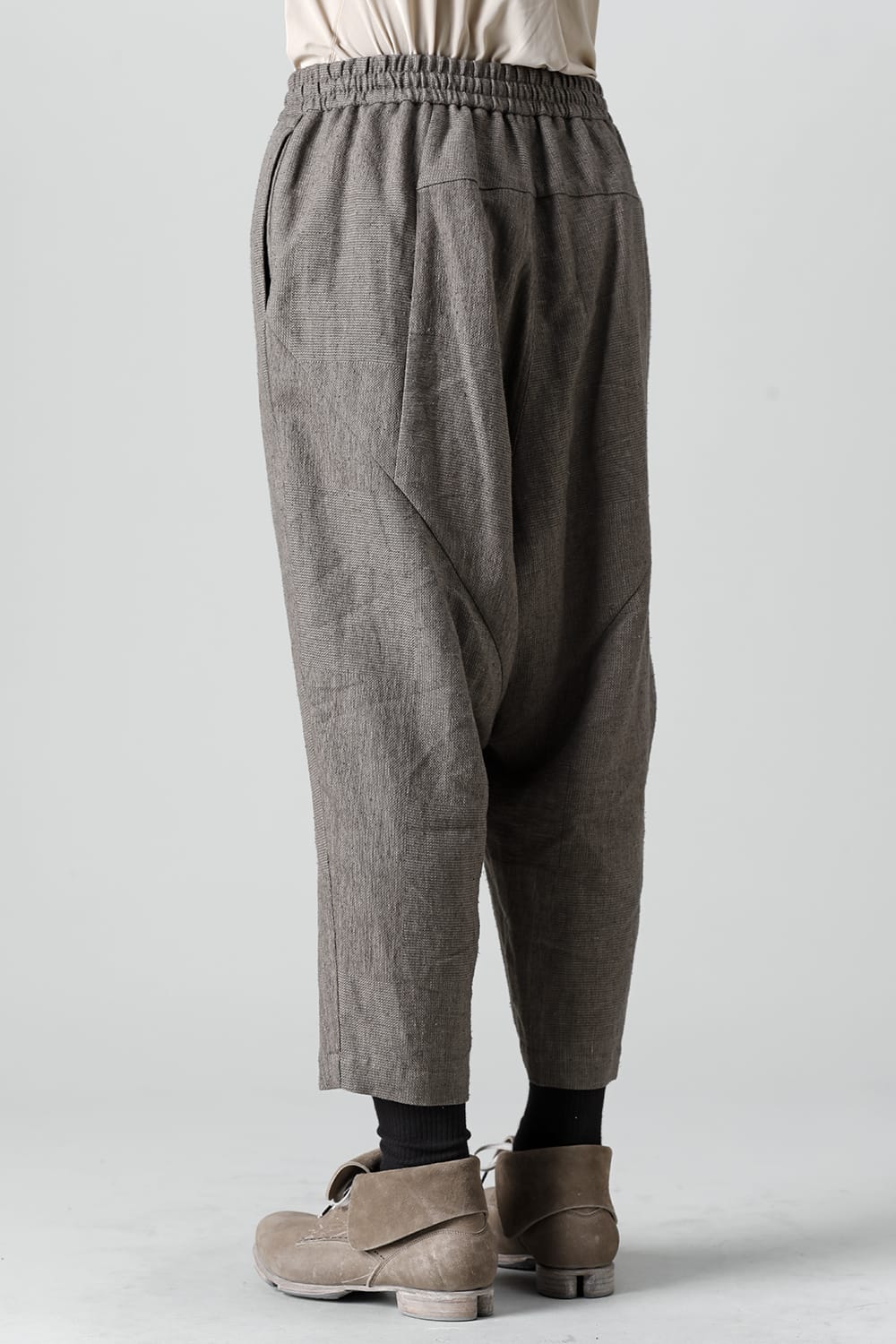 Dropcroch cropped pants silk linen crazy check  Beige Gray