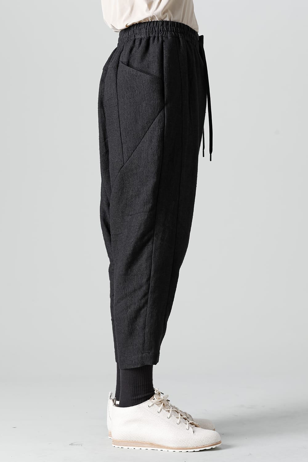 Dropcroch cropped pants silk linen crazy check  Black