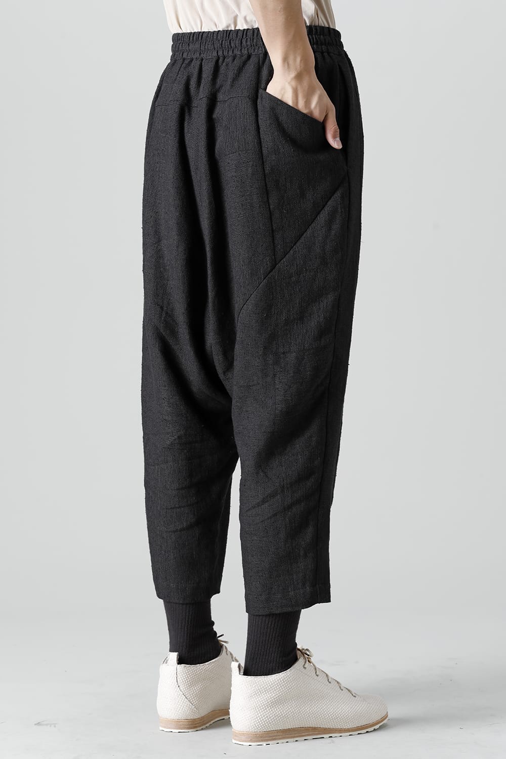 Dropcroch cropped pants silk linen crazy check  Black
