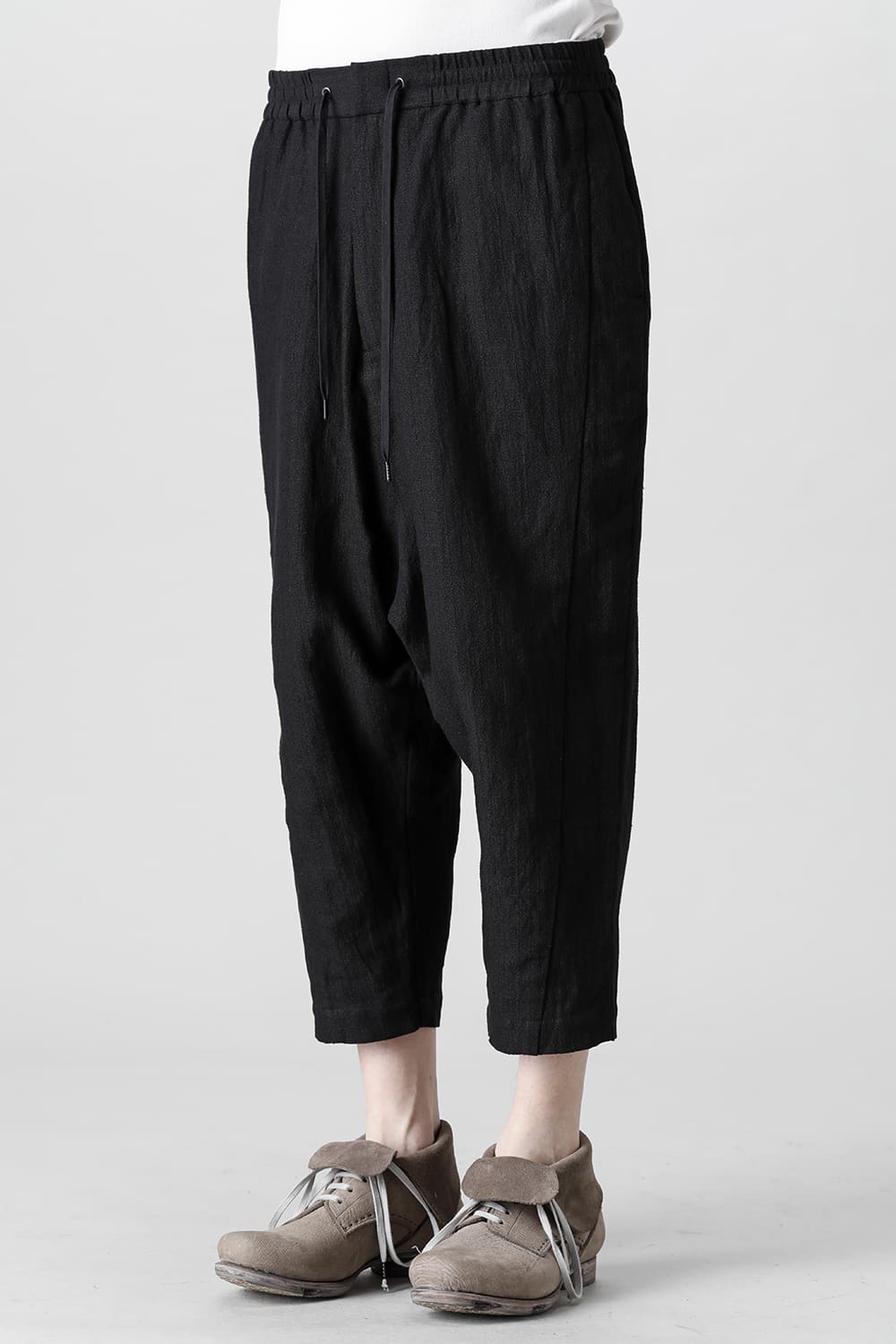 Drop crotch cropped pants cotton ramie shrink