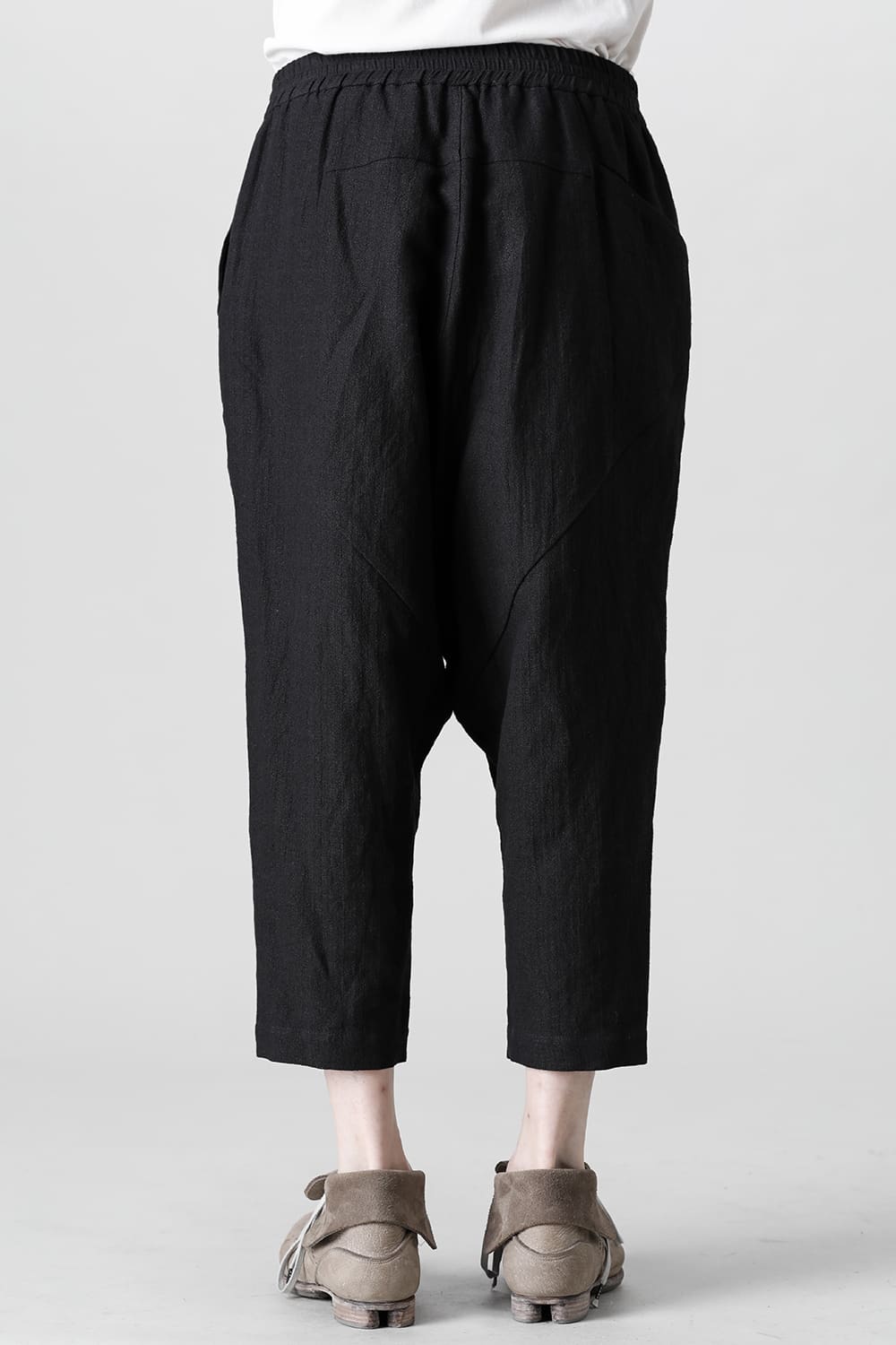 Drop crotch cropped pants cotton ramie shrink