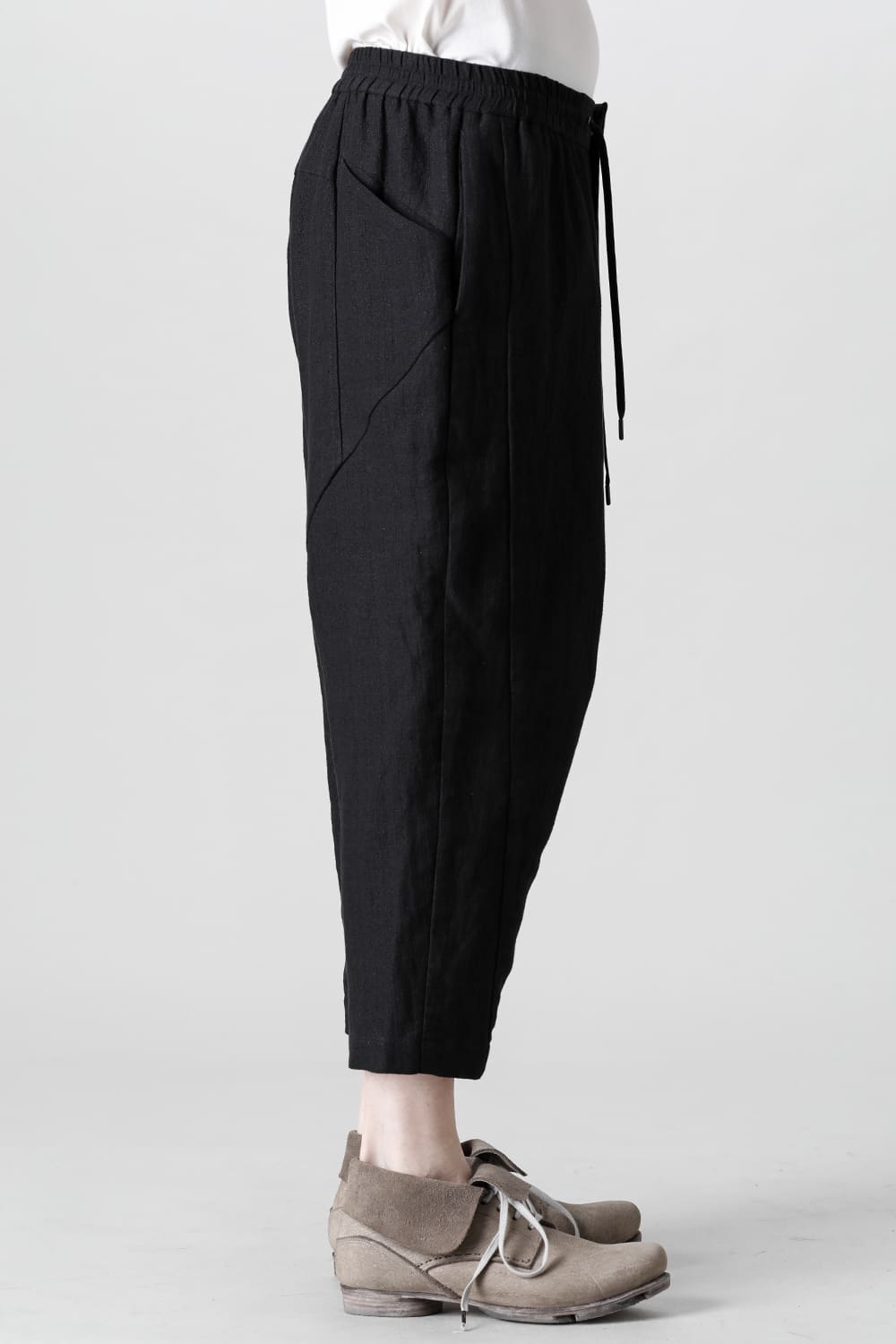 Drop crotch cropped pants cotton ramie shrink