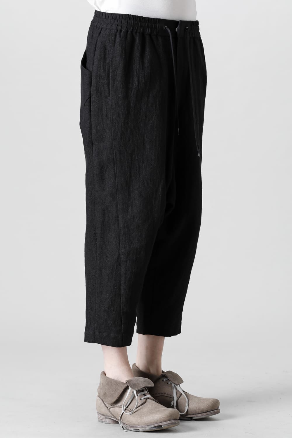 Drop crotch cropped pants cotton ramie shrink