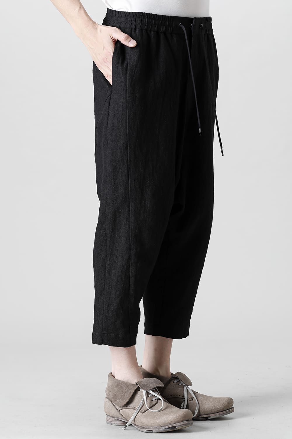 Drop crotch cropped pants cotton ramie shrink