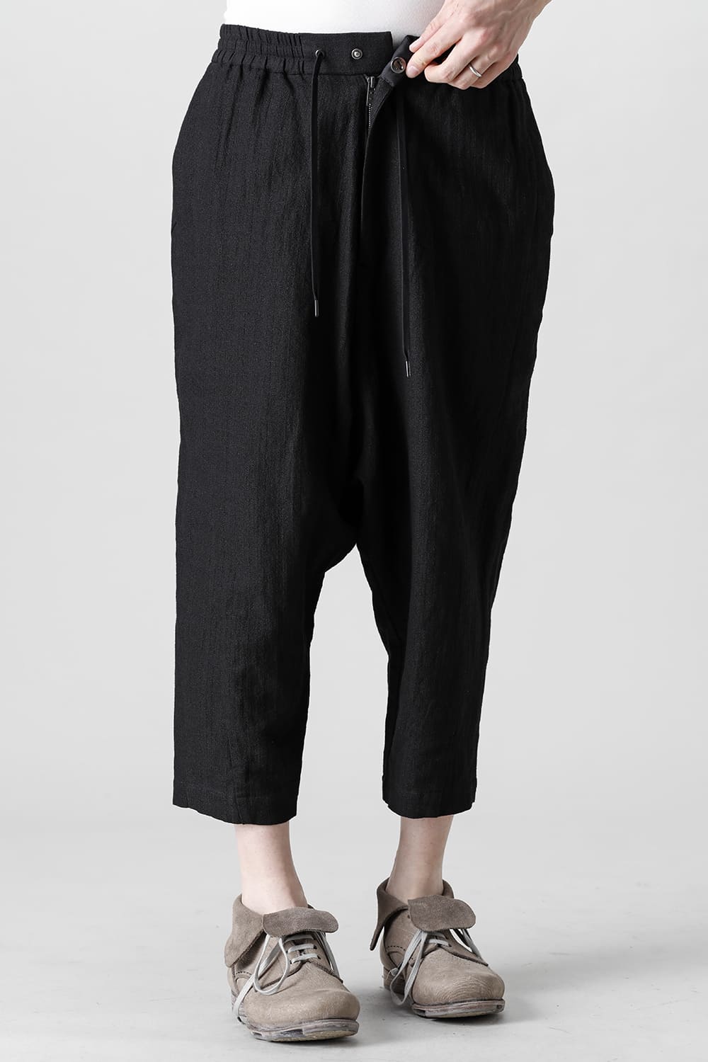 Drop crotch cropped pants cotton ramie shrink