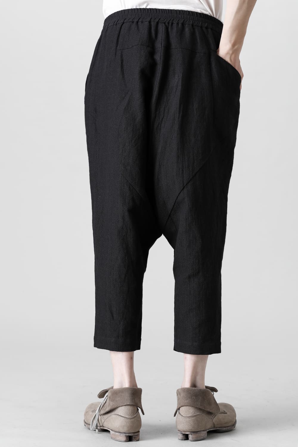 Drop crotch cropped pants cotton ramie shrink