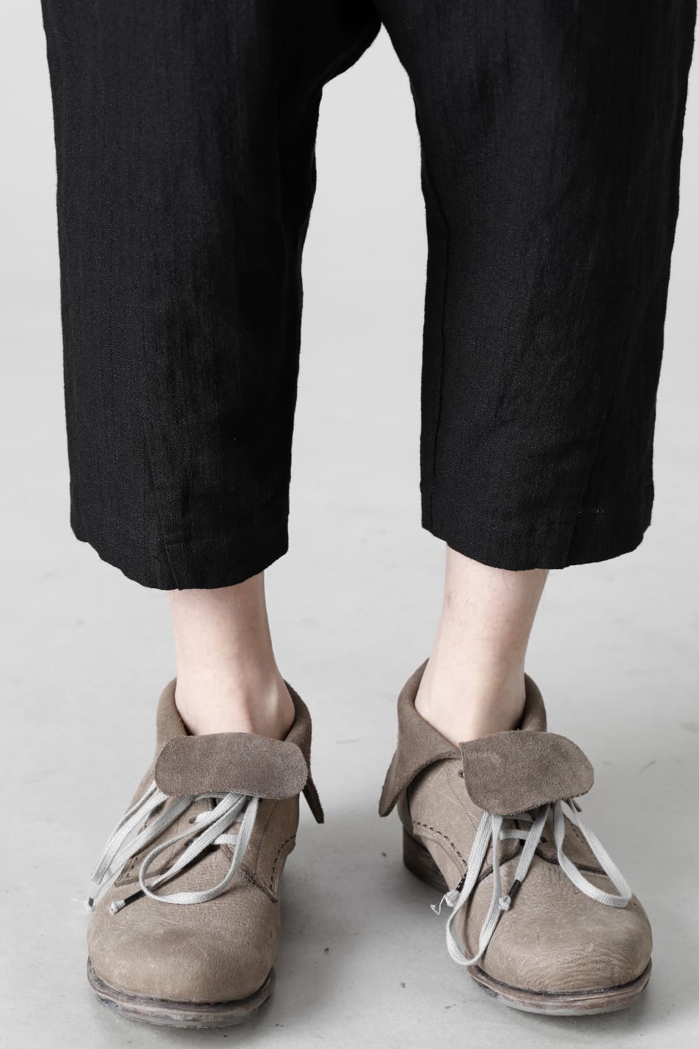 Drop crotch cropped pants cotton ramie shrink