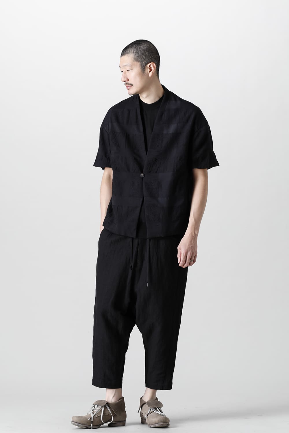 Drop crotch cropped pants cotton ramie shrink