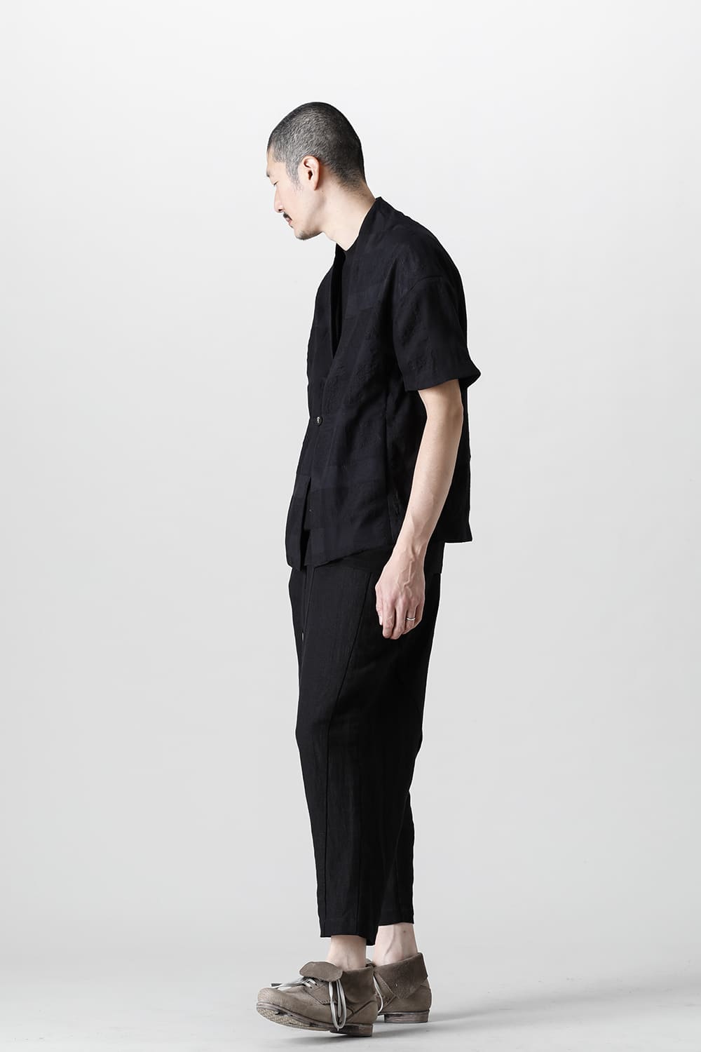 Drop crotch cropped pants cotton ramie shrink