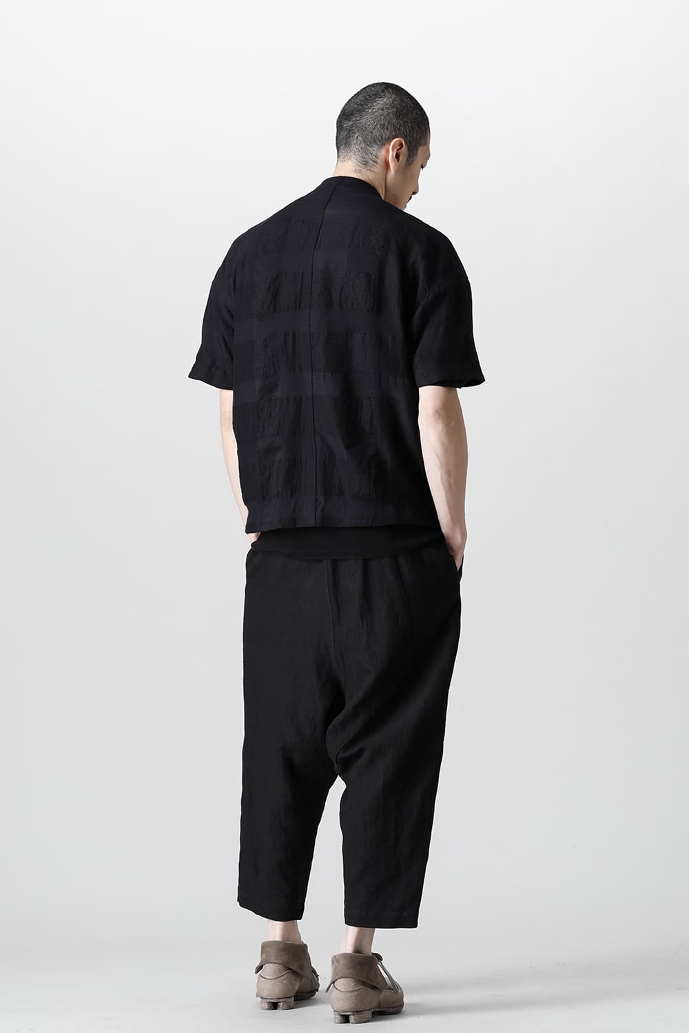 Drop crotch cropped pants cotton ramie shrink