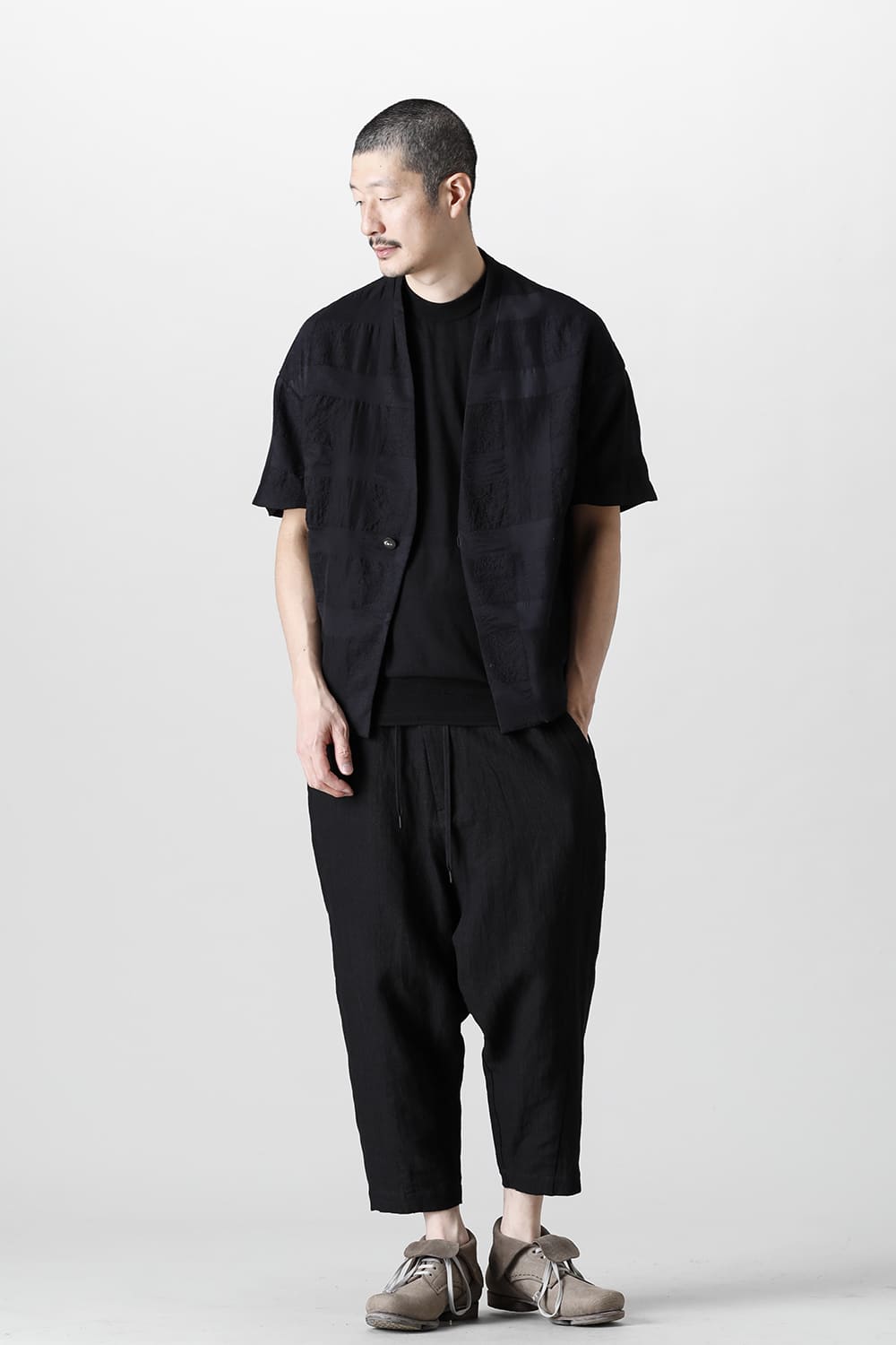 Drop crotch cropped pants cotton ramie shrink